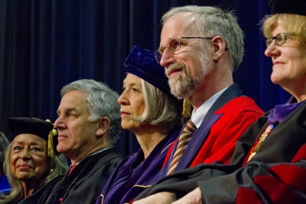 The 2013 honorands with President Spencer. From left, Vivian Pinn, Gary Hirshberg, Elaine Hansen, William Cronon and Spencer. Photograph by Phyllis Graber Jensen/Bates College.