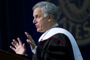 Commencement speaker Gary Hirshberg told the graduates that "challenging the conventional wisdom can be scary. But everything that’s ever been important has happened because someone asked the powerful two words: Why not?" Photograph by Phyllis Graber Jensen.