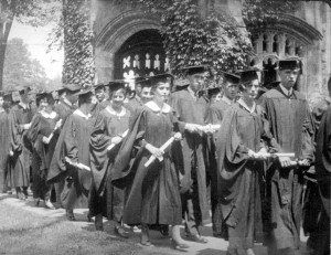 Graduates leave the Chapel after Commencement 1930, the first year of the Bates Fund, whose goal that year included career development for graduates. Photograph courtesy of Muskie Archives and Special Collections Library.