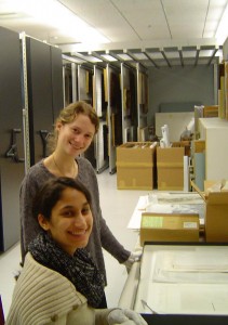 Seniors Nell Wachsberger, standing, and Cara Garcia-Bou worked as curatorial interns at the Bates art museum.