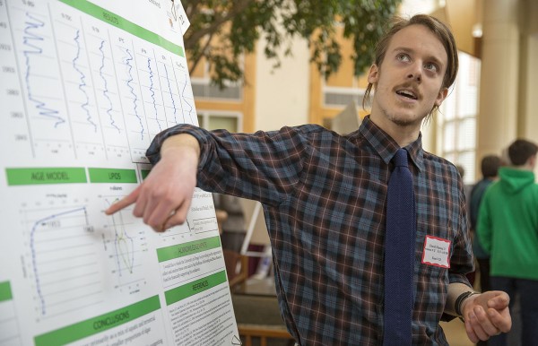 David Harning '13 of Rye, N.H., talks about his sediment core research in New Zealand during the 2013 Mount David Summit. Phyllis Graber Jensen/Bates College.