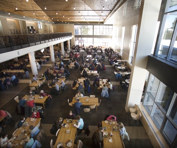 Opened in 2008, Bates College's Commons building exemplifies Bates Dining's commitment to sustainability. Among its many other "green" features, it makes good use of natural light to save on electricity. Photograph by Phyllis Graber Jensen/Bates College.