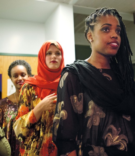 Jessica Clergeau '15 of Somerville, Mass., heads the line of models waiting to walk in the March 2013 Inside Africa Fashion Show (Michael Bradley/Bates College)