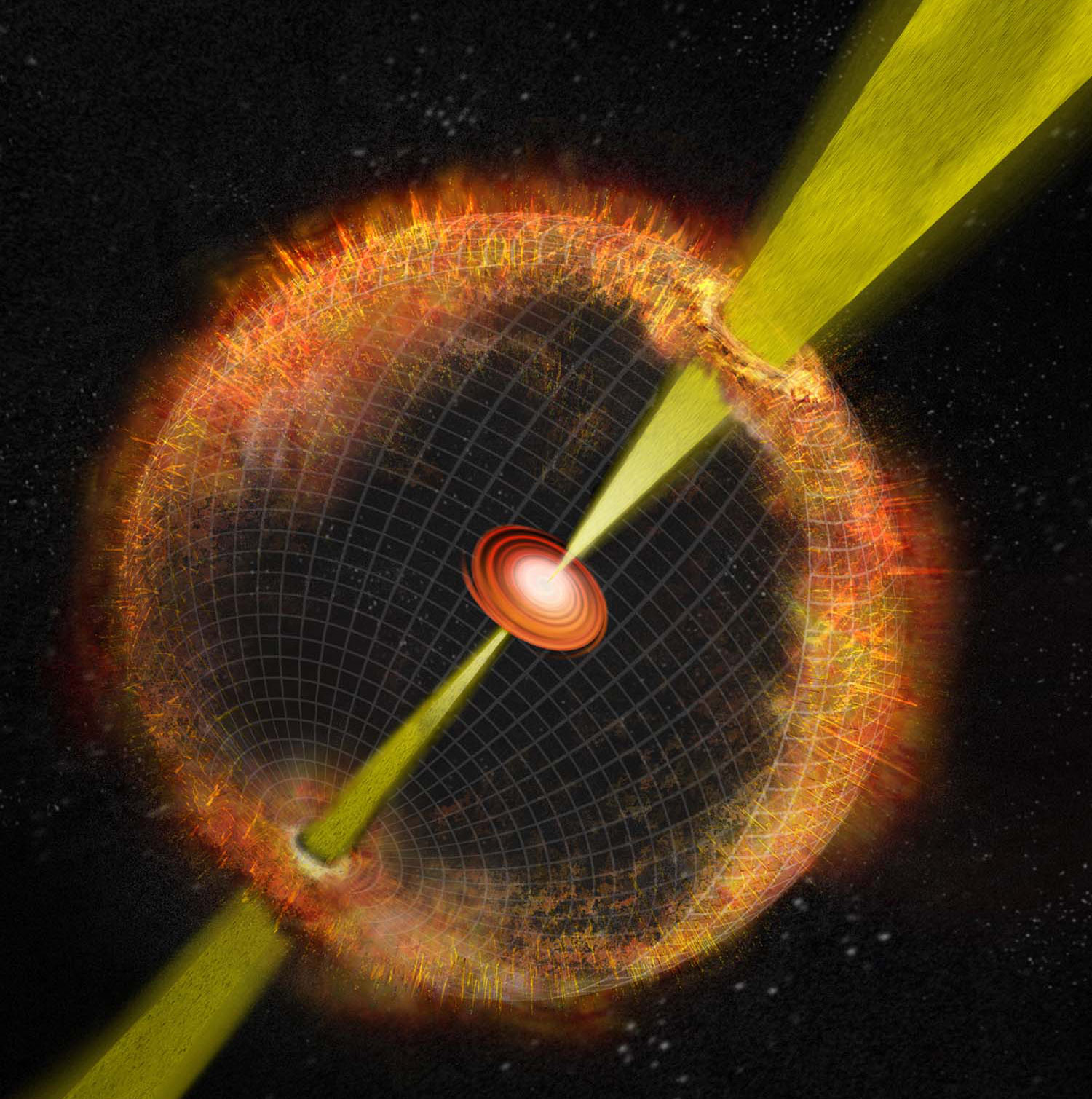 Seen here is an artist's conception of an unusual kind of supernova that Soderberg has explored. Known as an engine-driven supernova, it emits low-energy radio waves rather than high-energy gamma rays. Illustration by Bill Saxton.