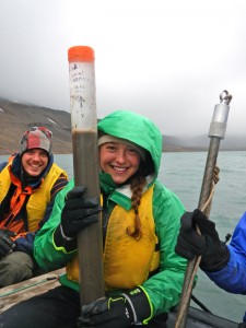 Balter displays her sediment core sample from Lake Lennoré in Svalbard with de Wet. Photograph supplied by Greg de Wet '11.