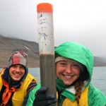 Balter displays her sediment core sample from Lake Lennoré in Svalbard with de Wet. Photograph supplied by Greg de Wet '11.