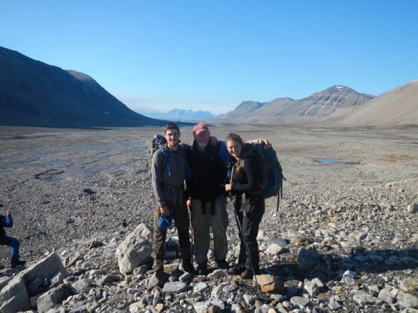 Alexandra Balter '14, right, poses at a field site in Svalbard, Norway, with adviser and Professor of Geology Mike Retelle, center. Joining them in Svalbard is Greg de Wet '11, left, who is current pursuing his master's at the University of Massachusetts, Amherst. Photograph provided by Greg de Wet '11.