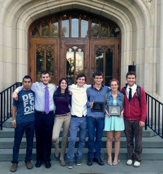 Bates debaters, include novice winning team Zoe Seaman-Grant ’17 (second from right) and Matthew Kahn ’17 (third from right) gather after the Vassar tournament. (BQDC)