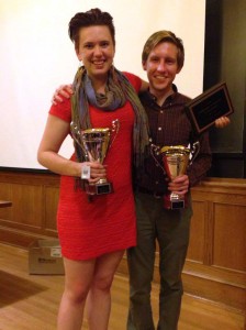 Taylor Blackburn '15 and Jac Stewart show off their first-place trophies after winning the Yale Inter-Varsity Tournament in early October. (BQDC)