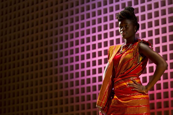 Fatima Sacko ‘17 of New York City models an outfit during the Inside Africa Fashion Show held Nov. 8, 2013. (Sarah Crosby/Bates College)