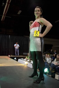 Hannah Cover '17 won the Most Creative award at the 2013 Trashion Show. (Sarah Crosby/Bates College)