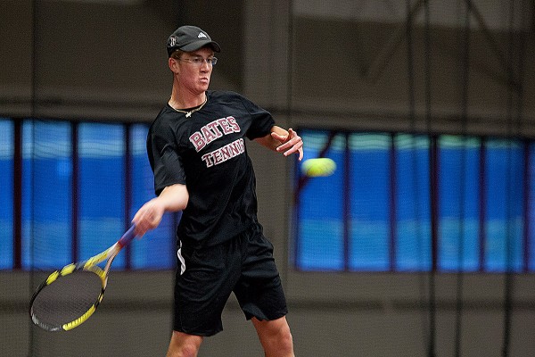 Tim Berg '14 of Lakewood Ranch, Fla., plays at the No. 1 spot for Bates men's tennis team. (Phyllis Graber Jensen/Bates College)