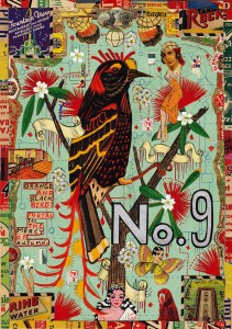 "Orange and Black Bird" (2012), mixed media on paper by Tony Fitzpatrick. From the Museum of Art show "Remix" (see Museum of Art, below).