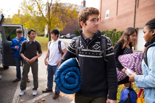 Chris Crum ‘17 of Littleton, Colo., and fellow debaters get ready for yet another van trip, this time to Harvard in October. (Phyllis Graber Jensen/Bates College)