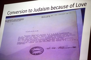 An image from Baumann's presentation showing a document certifying her conversion to Judaism during the ascent of Nazi anti-Semitism. (Phyllis Graber Jensen/Bates College) 