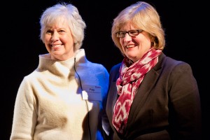 Pamal Johnson Reynolds '67 and President Clayton Spencer at the January dedication of the Digital Media Studios, funded by Reynolds' leadership gift. (Phyllis Graber Jensen/Bates College)