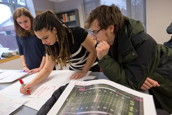 Students create posters showing events in geologic history, using a Google Earth photograph of Garcelon Field for reference. (Phyllis Graber Jensen/Bates College)