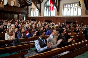 Appreciating the presenters during the 2014 Martin Luther King Jr. Day keynote session at Bates College. (Sarah Crosby/Bates College)