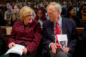 Bates President Clayton Spencer chats with U.S. Sen. Angus King (I-Maine) during the college's 2014 Martin Luther King Jr. Day keynote session on Jan. 20 in the Gomes Chapel. King offered reminiscences of the 1963 March on Washington. (Phyllis Graber Jensen/Bates College)