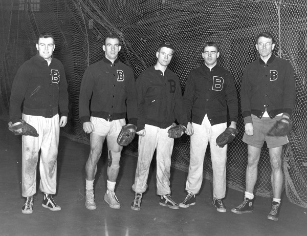 Unidentified baseball players pose for a photo in Gray Athletic Building in the 1950s. (Muskie Archives and Special Collections Library)