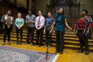 The Gospelaires performing in the Gomes Chapel in January, photographed by Phyllis Graber Jensen/Bates College.