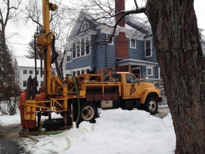 They know the drill: The Maine Test Borings crew at work in December 2013 sampling the soil at 63 Campus Ave. (Doug Hubley/Bates College)