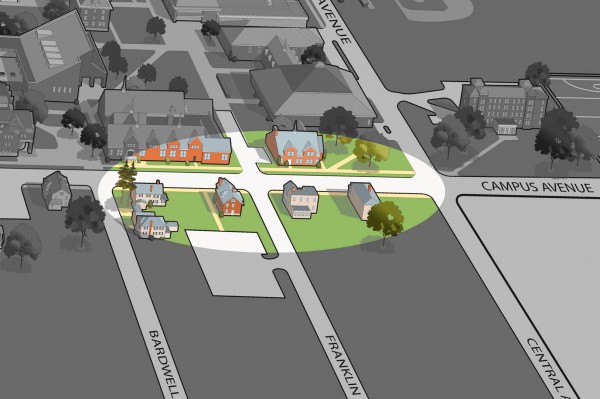 The colored oval indicates, more or less, the site of the forthcoming first phase of the Campus Life Project. 