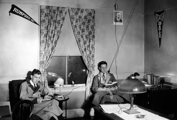 Edmund Muskie '36 (left) and Charles Taylor '36 in their freshman-year room in Roger Williams Hall. (Photograph courtesy of Muskie Archives and Special Collections Library.