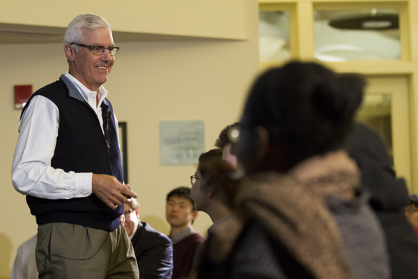 Stangle takes students' questions during a talk as part of the Purposeful Work: Voices in Entrepreneurship speaker series on March 5, 2014. (Sarah Crosby/Bates College)