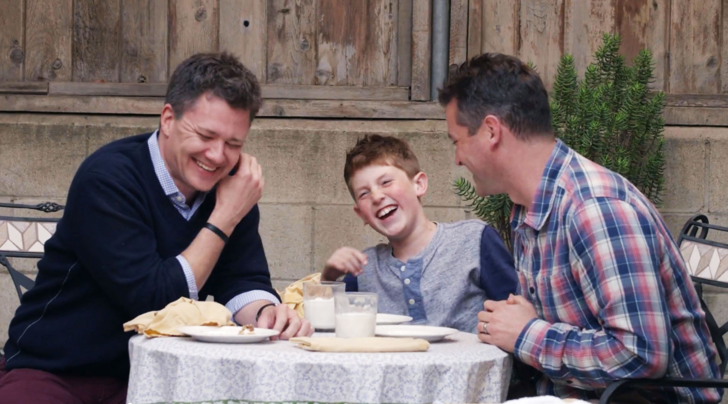 A screen capture of an ad from the Honey Maid "This is Wholesome" campaign, featuring a gay male couple who have two children.