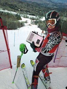 The Judges' Choice photograph by Avril Dunleavy '15 features fellow alpine racer Kathleen Fitzpatrick '15 posing between runs during a pre-season meet at Sunday River.