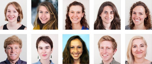 Bates College's 2014 Fulbright recipients as of June 5, 2014. Top row, from left: K. Ailes, E. Gawarkiewicz, A. Hill, A. Lepre, C. Maeder. Bottom row: O. Minott, A. Munter, M. Ramey, J. Stewart, A. Strada.