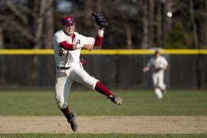 Conor Reenstierna ’16 of Lincoln, Mass., throws to first during a 2014 game vs. Colby. (Phyllis Graber Jensen/Bates College)