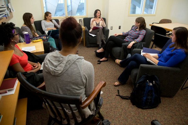 Professor of Psychology gathers her six-student team at the start of Short Term. Their goal: to transform how statistics is taught at Bates. (Phyllis Graber Jensen/Bates College)