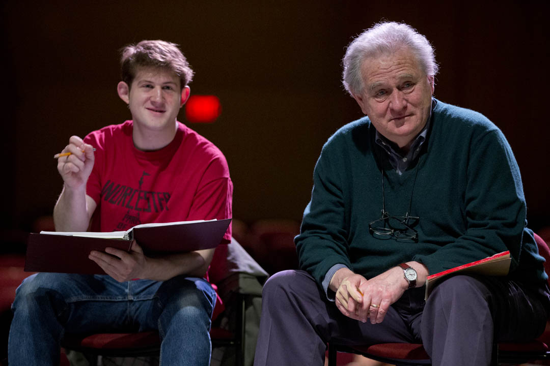 With stage manager Ben Cuba ’16 of Worcester, Mass., at the ready, Dana Professor of Theater Martin Andrucki directs a rehearsal of “Little Egypt” in Schaeffer Theatre. (Phyllis Graber Jensen/Bates College)