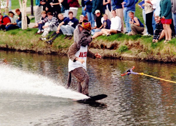 The waterskiing Bates Bobcat (Stu Abelson '97) ends his trek across Lake Andrews on May 23, 1997. (Jose Leiva)