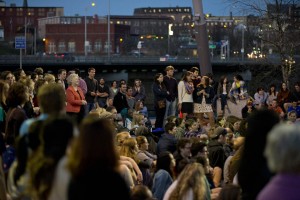 The crowd enjoys Bates student performances in Auburn's Festival Plaza. (Phyllis Graber Jensen/Bates College)