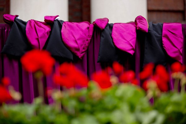 Academic hoods await the four 2014 honorands: John Seely Brown, Glenn Close, David Evans Shaw and Isabel Alexis Wilkerson. (Phyllis Graber Jensen/Bates College)