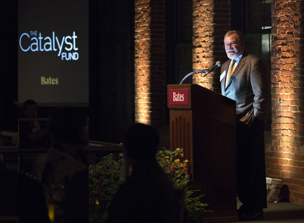 Board chair Mike Bonney '80 addresses the dinner gathering, held in the Bates Mill, following the announcement of the Catalyst Fund.