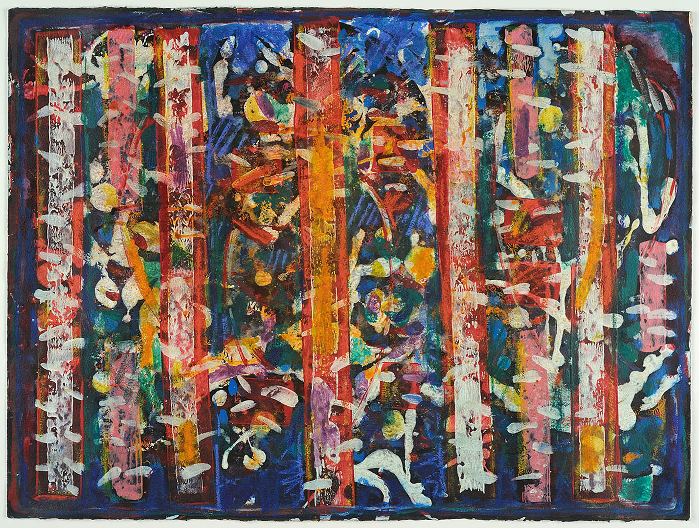 "Five Blue Notes" (1980), an image in encaustic and egg tempera on board by David C. Driskell, is among images on display in the Museum of Art exhibition "Convergence."