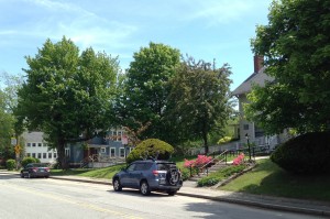 From left: 67, 63 and 53 Campus Ave., photographed on June 2, 2014. (Doug Hubley/Bates College)