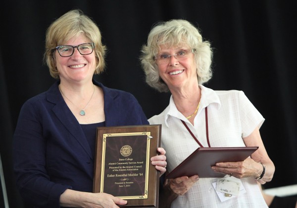 Esther Rosenthal Mechler '64, right, receives the Alumni Community Service Award from President Clayton Spencer at the Annual Gathering of the Alumni Association on June 7, 2014. (H. Lincoln Benedict '09)