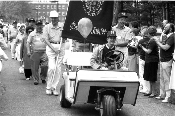 Maine Sen. Edmund S. Muskie, front left, who graduated from Bates in 1936, marches in the Alumni Parade at his 50th reunion in 1986.