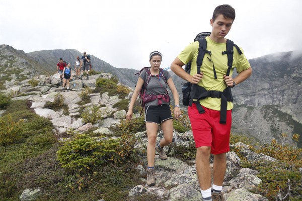 Sophia Pellegrini '15 and Bobby Lankin '15 lead their group back down the trail. (Mike Bradley/Bates College)