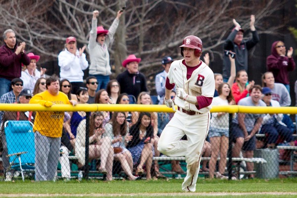 Steve Burke '14 of Bedford, N.H., heads for home during a Bates victory over Tufts on May 3. (Sarah Crosby/Bates College)