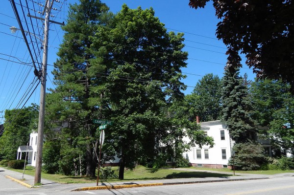 The southwest corner of Central and Campus avenues will see the first impacts of demolition connected with the Campus Avenue Project. (Doug Hubley/Bates College)