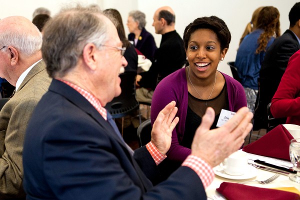 Members of the Mount David Society, the college's leadership giving society, made gifts of $4.8 million in 2014. Here, Tessa Hathaway '14 talks with a donor during the annual Mount David Society Scholarship Luncheon on March 28.