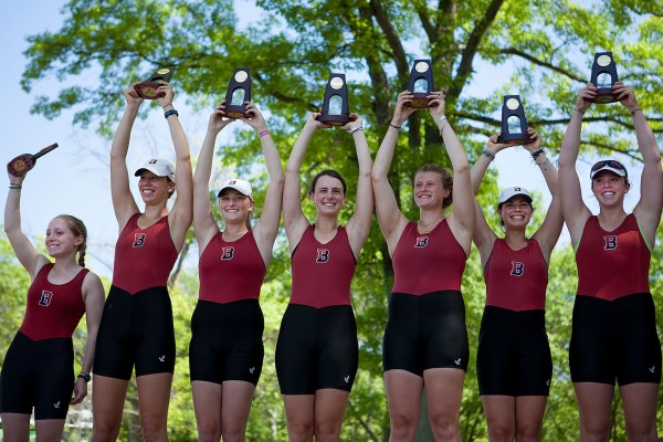 Gifts to Friends of Bates Athletics have grown 27 percent in the last four years, totaling $491,349 in 2014 to support Bates athletics. Here, members of the women's rowing team hoist their trophies at the NCAA Rowing Championships, where Bates earned third place as a team. (Sarah Crosby/Bates College)
