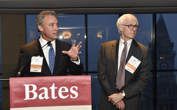 Donors gave $6.1 million to the Bates Fund, which was led by trustees Bill Carey '82 (left) and Rick Smith P'12, co-chairs of the Bates Fund Executive Committee. Here, Carey and Smith welcome alumni, parents and friends to the Boston Presidential Event in March. (Photograph by David Sokol)