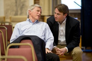 On May 5th, 2014, Ben Shaw ’00 (right) and his father, David Shaw, spoke with students, faculty and staff as part of the Bates Career Development Center's Voices in Entrepreneurship series. Their presentation was delivered in the Edmund S. Muskie Archives. (Phyllis Graber Jensen/Bates College)